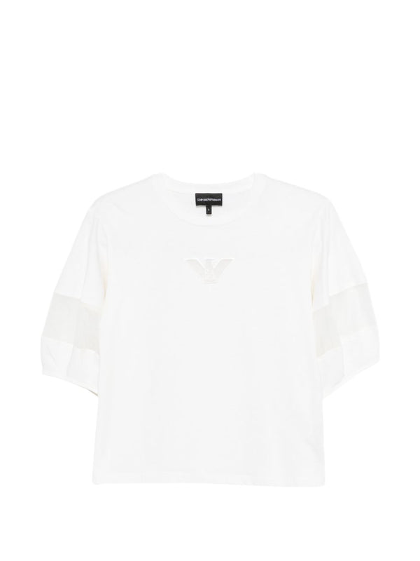 Emporio Armani Women's Luxurious White 100% Cotton Crewneck Sweater With Logo Applique And Sheer Detail