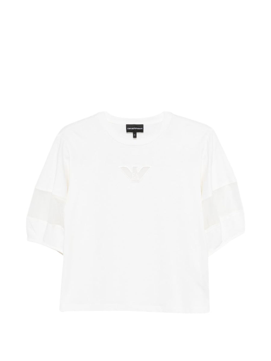 Emporio Armani Women's Luxurious White 100% Cotton Crewneck Sweater With Logo Applique And Sheer Detail