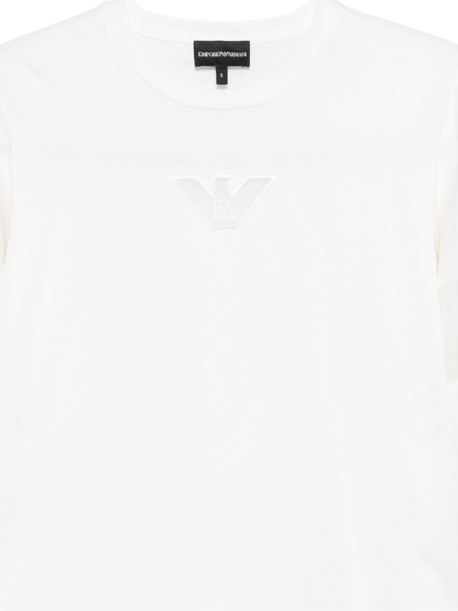 Emporio Armani Women's Luxurious White 100% Cotton Crewneck Sweater With Logo Applique And Sheer Detail