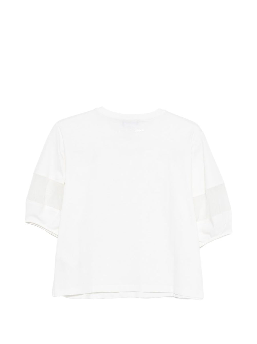 Emporio Armani Women's Luxurious White 100% Cotton Crewneck Sweater With Logo Applique And Sheer Detail