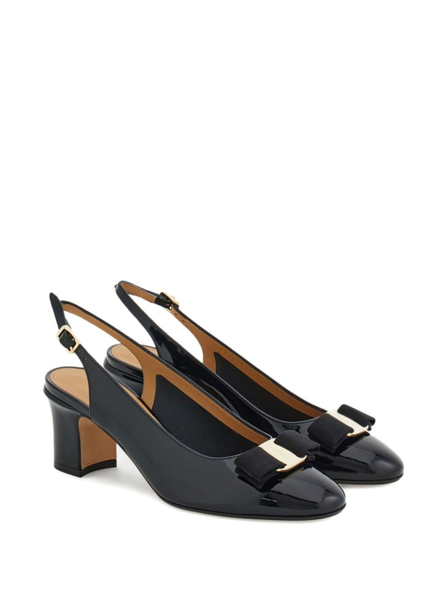 Ferragamo Vara Bow Slingback Black With Luxurious Gold Hardware Elegant Low Block Heel For Women
