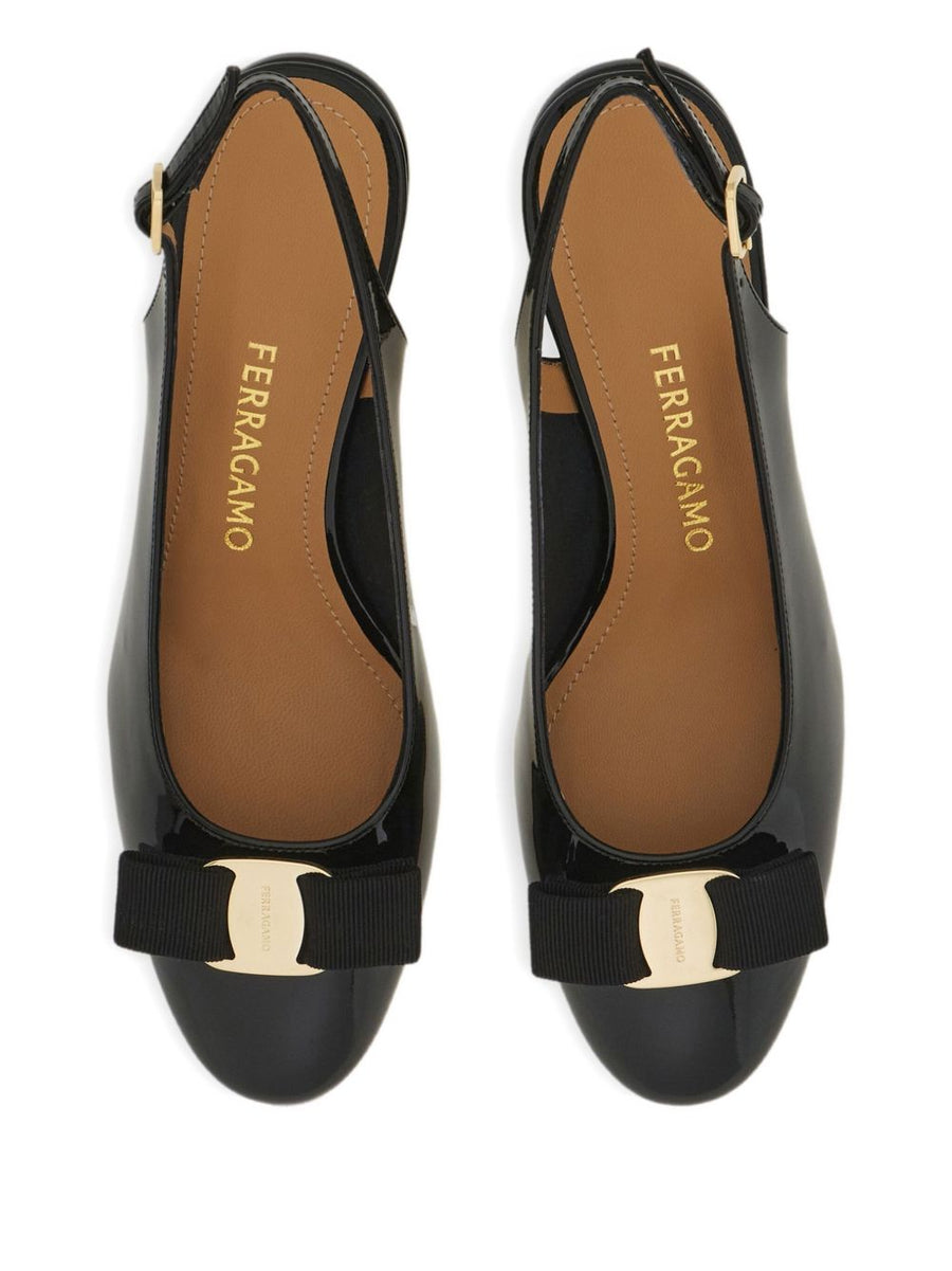 Ferragamo Vara Bow Slingback Black With Luxurious Gold Hardware Elegant Low Block Heel For Women