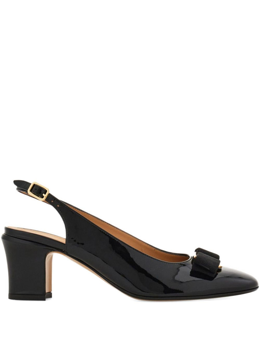 Ferragamo Vara Bow Slingback Black With Luxurious Gold Hardware Elegant Low Block Heel For Women