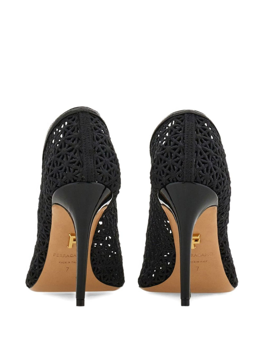 Ferragamo Macramé 90mm Pumps For Women Luxurious Stiletto With Intricate Black Macramé Details