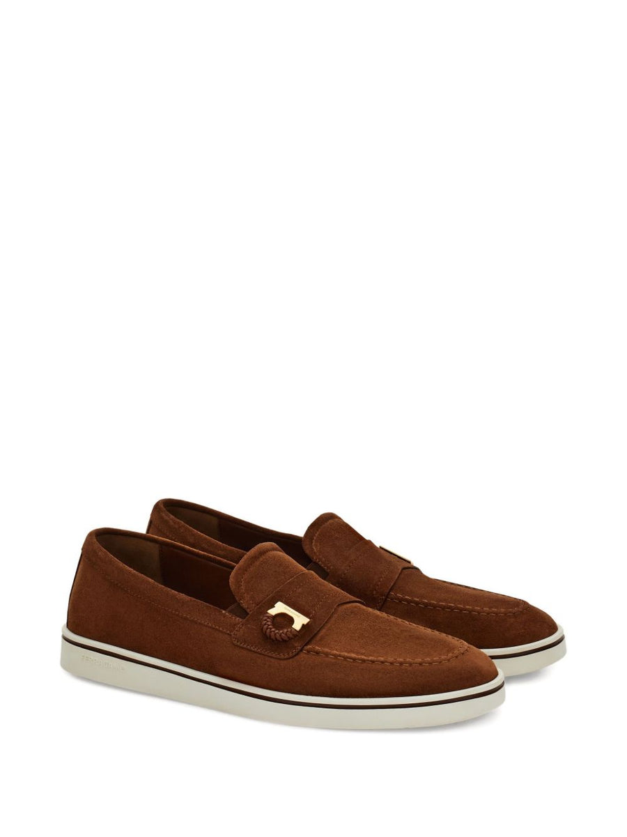 Ferragamo Mens Boat Shoe Loafer With Iconic Gancini Ornament In Brown Leather Premium Italian Craftsmanship