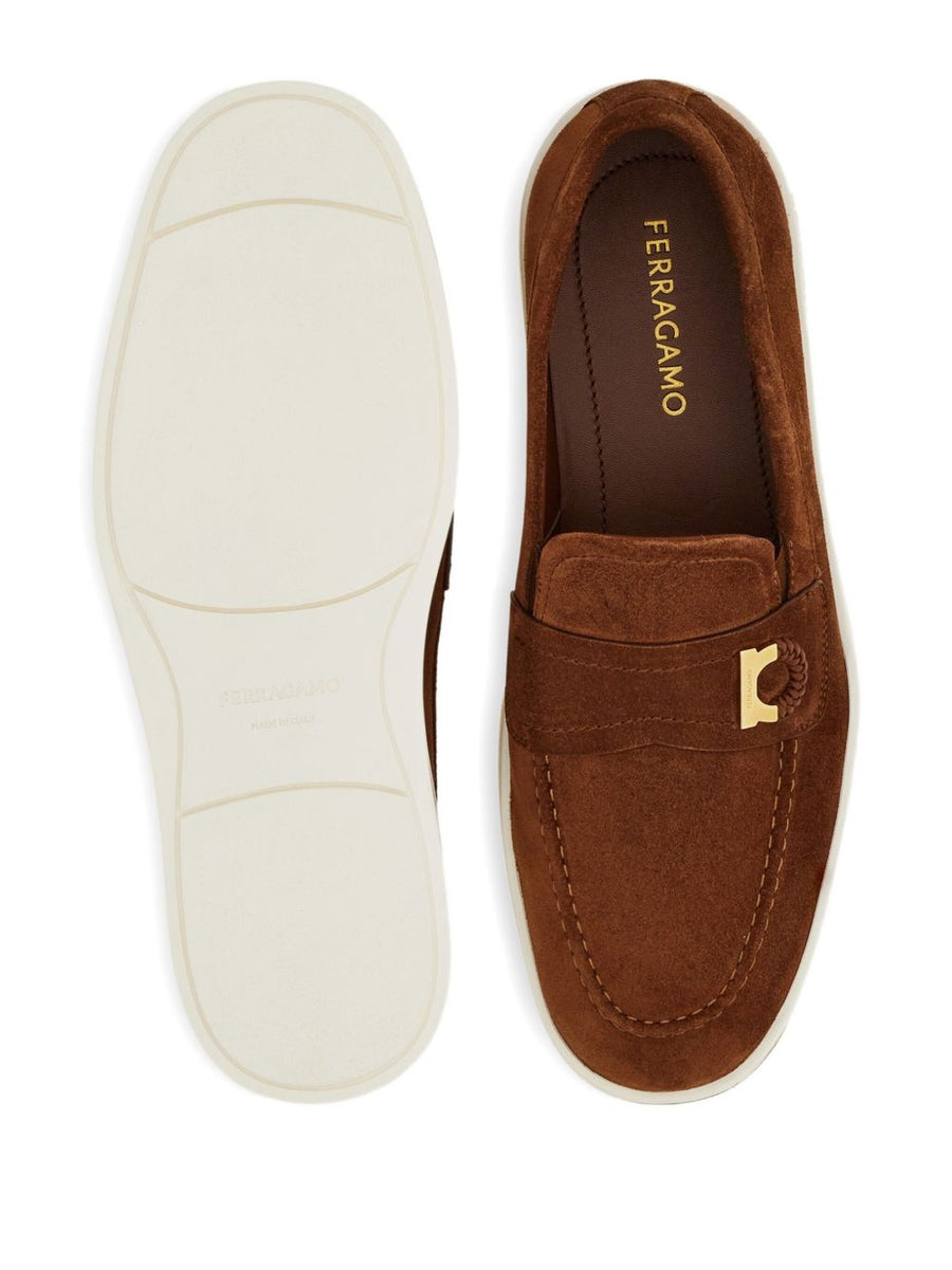 Ferragamo Mens Boat Shoe Loafer With Iconic Gancini Ornament In Brown Leather Premium Italian Craftsmanship