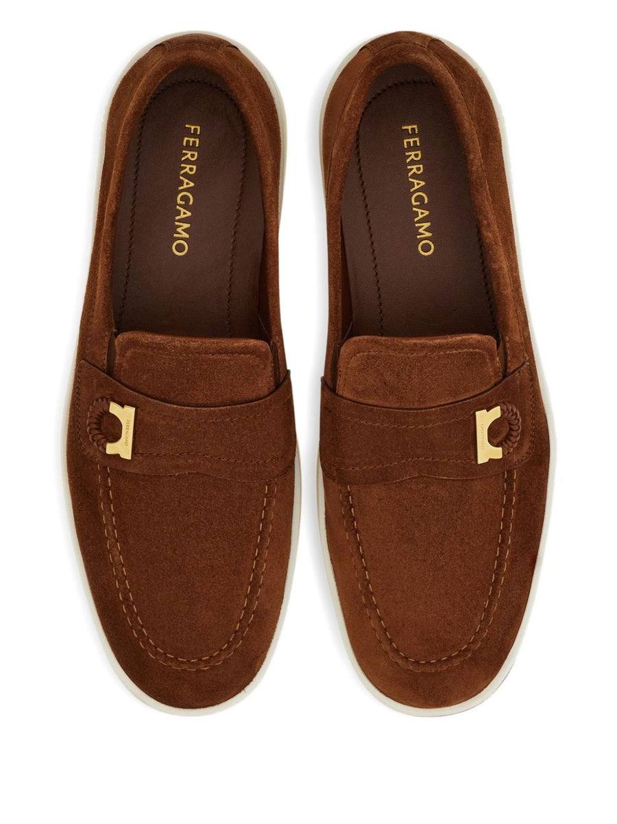 Ferragamo Mens Boat Shoe Loafer With Iconic Gancini Ornament In Brown Leather Premium Italian Craftsmanship