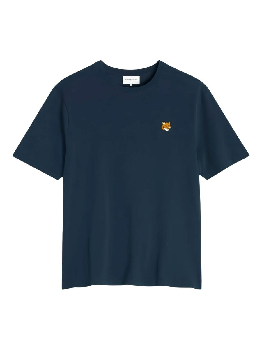 Maison Kitsuné Navy Cotton Embroidered Fox Head Logo Patch Tee For Men Premium Everyday Crewneck