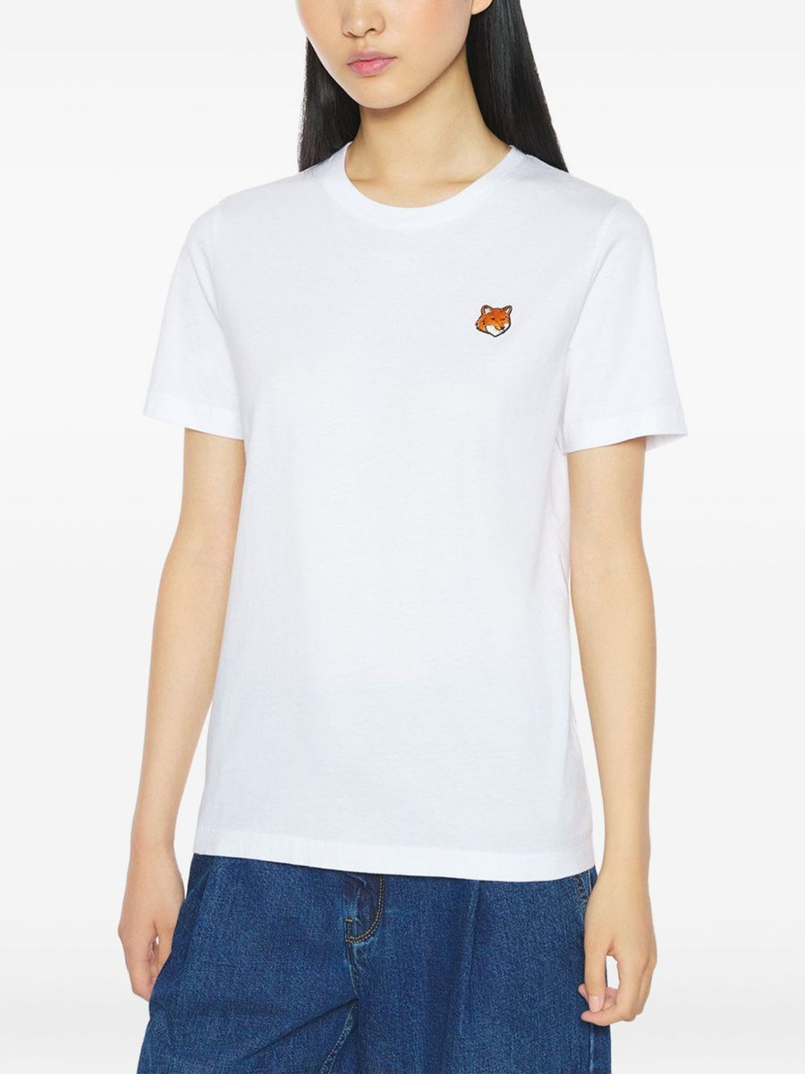 Maison Kitsuné Fox Head Embroidered Cotton T Shirt White Crew Neck Short Sleeve