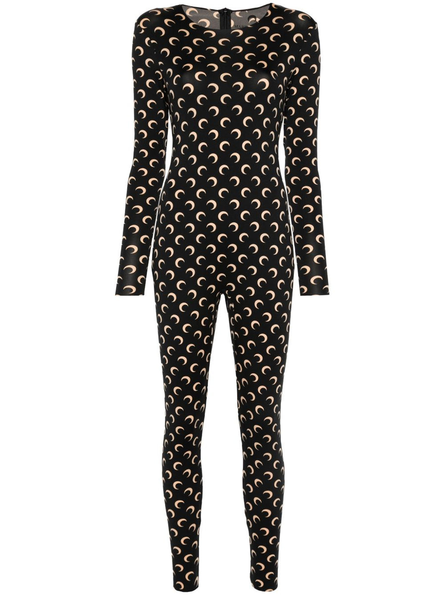 Marine Serre Moon Catsuit For Women Eco Conscious Black Stretch Jersey Jumpsuit With Iconic Moon Print