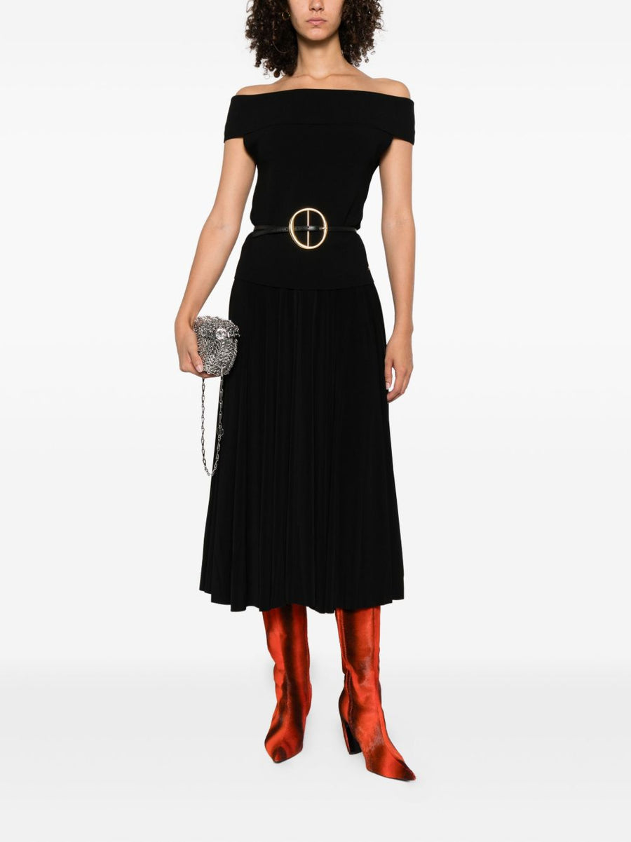 Norma Kamali Flared Midi Skirt High Waist Pleated Black for Women Office Wear Everyday