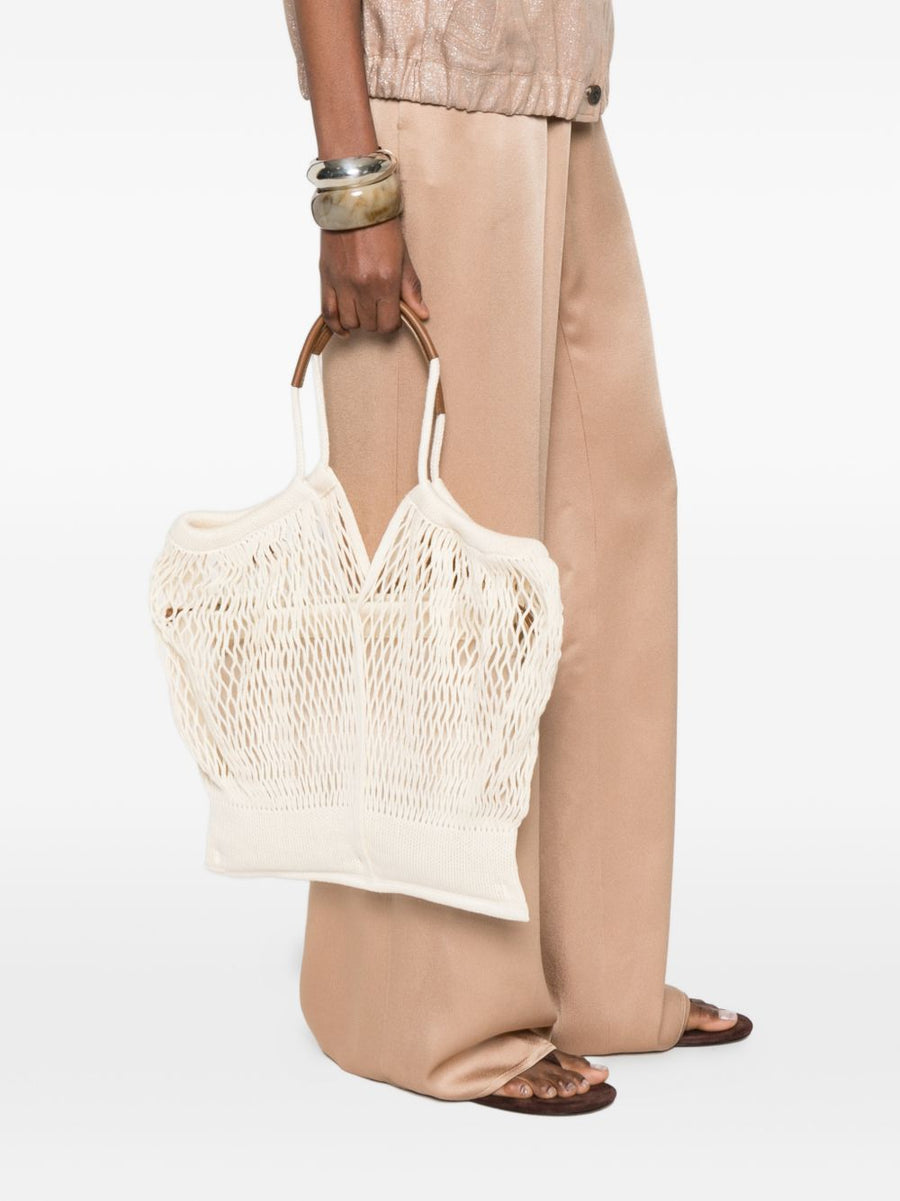 Hereu Calella Filt Tote Bag Beige Knit Calf Leather Top Handles For Women Everyday Use