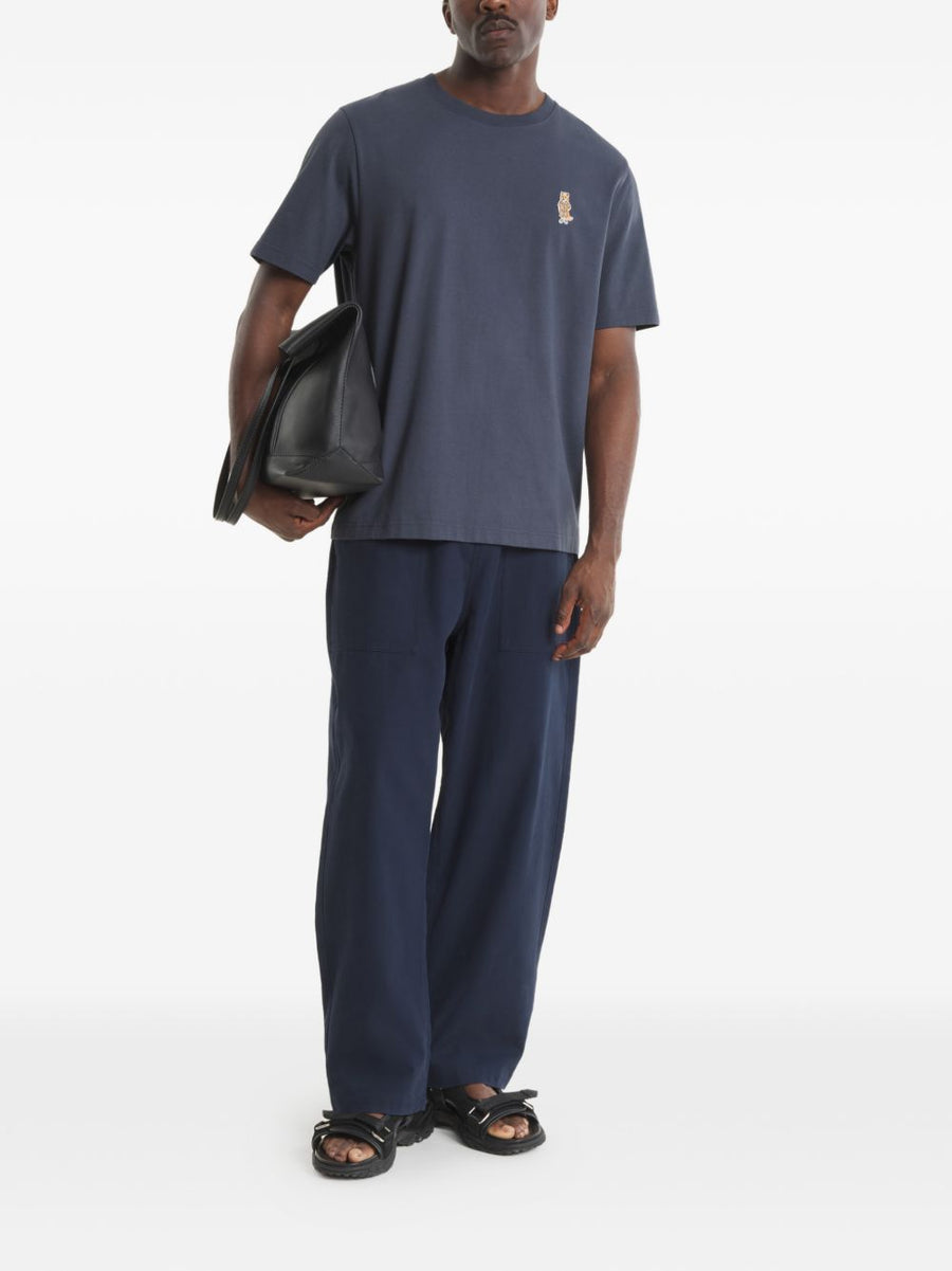 Maison Kitsuné Dressed Fox Organic Cotton T Shirt for Men Navy with Shadow Blue Embroidery Motif