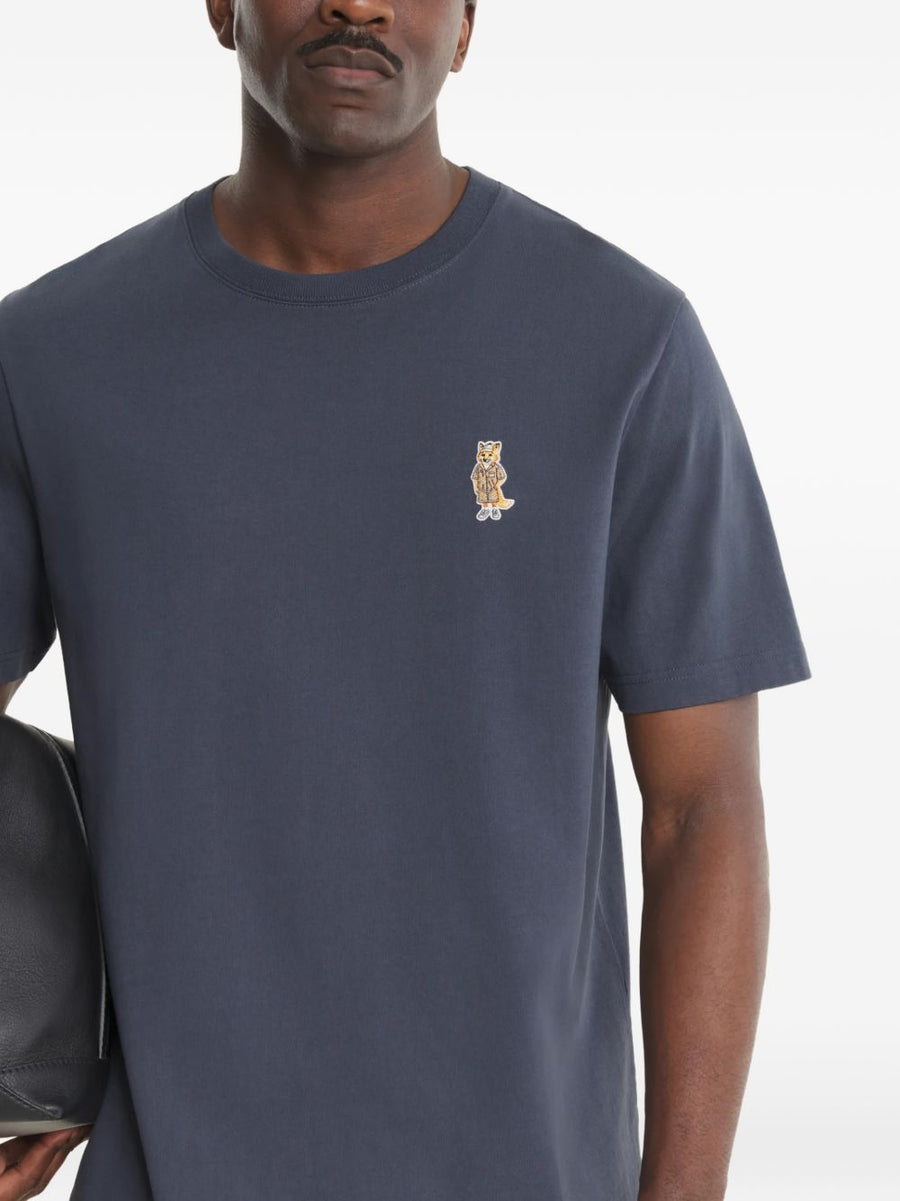 Maison Kitsuné Dressed Fox Organic Cotton T Shirt for Men Navy with Shadow Blue Embroidery Motif