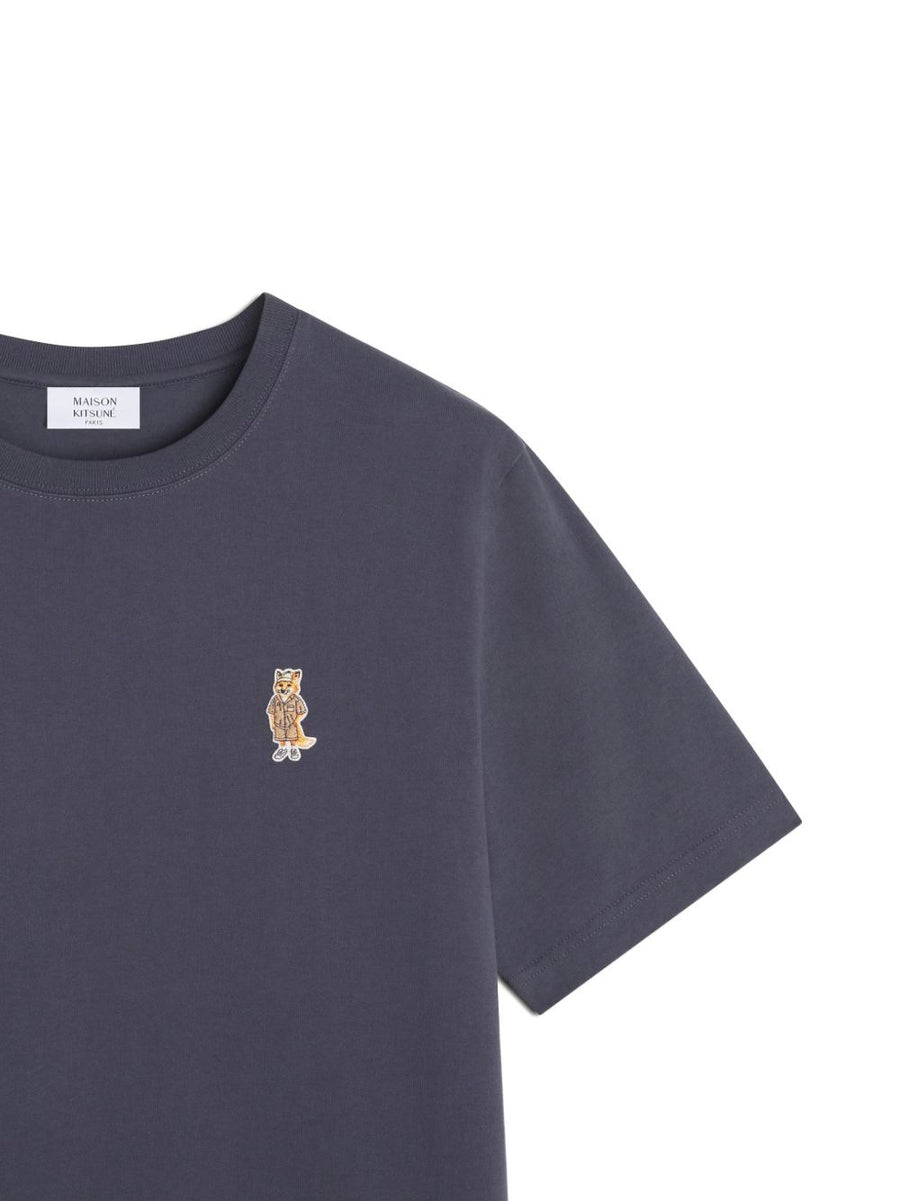 Maison Kitsuné Dressed Fox Organic Cotton T Shirt for Men Navy with Shadow Blue Embroidery Motif