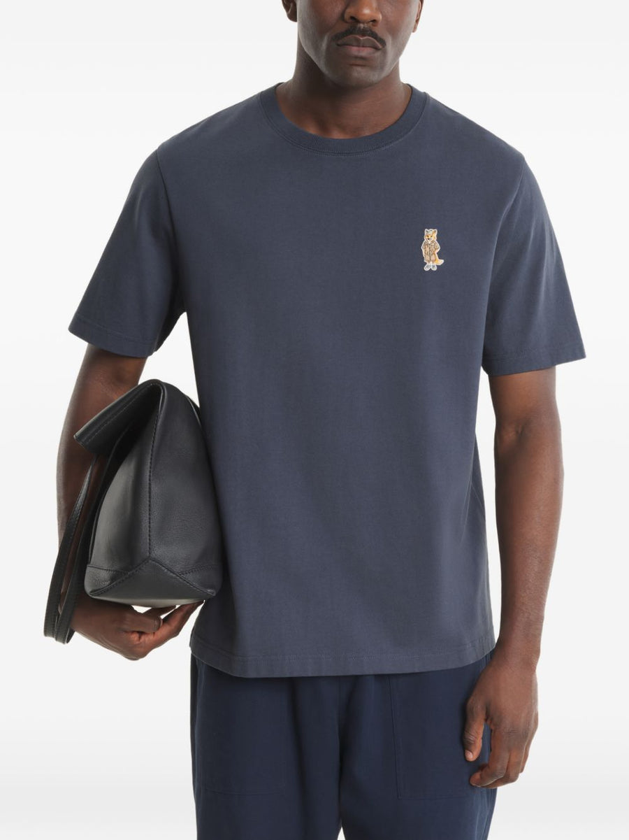 Maison Kitsuné Dressed Fox Organic Cotton T Shirt for Men Navy with Shadow Blue Embroidery Motif