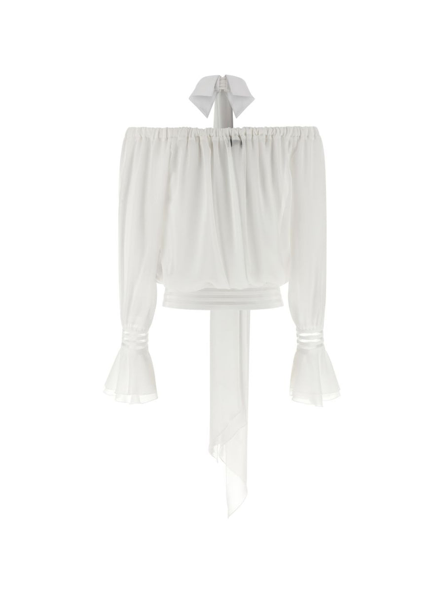 Elisabetta Franchi Off Shoulder Blouse Ivory Semisheer With Ruffled Sleeves For Women Chic Statement Top