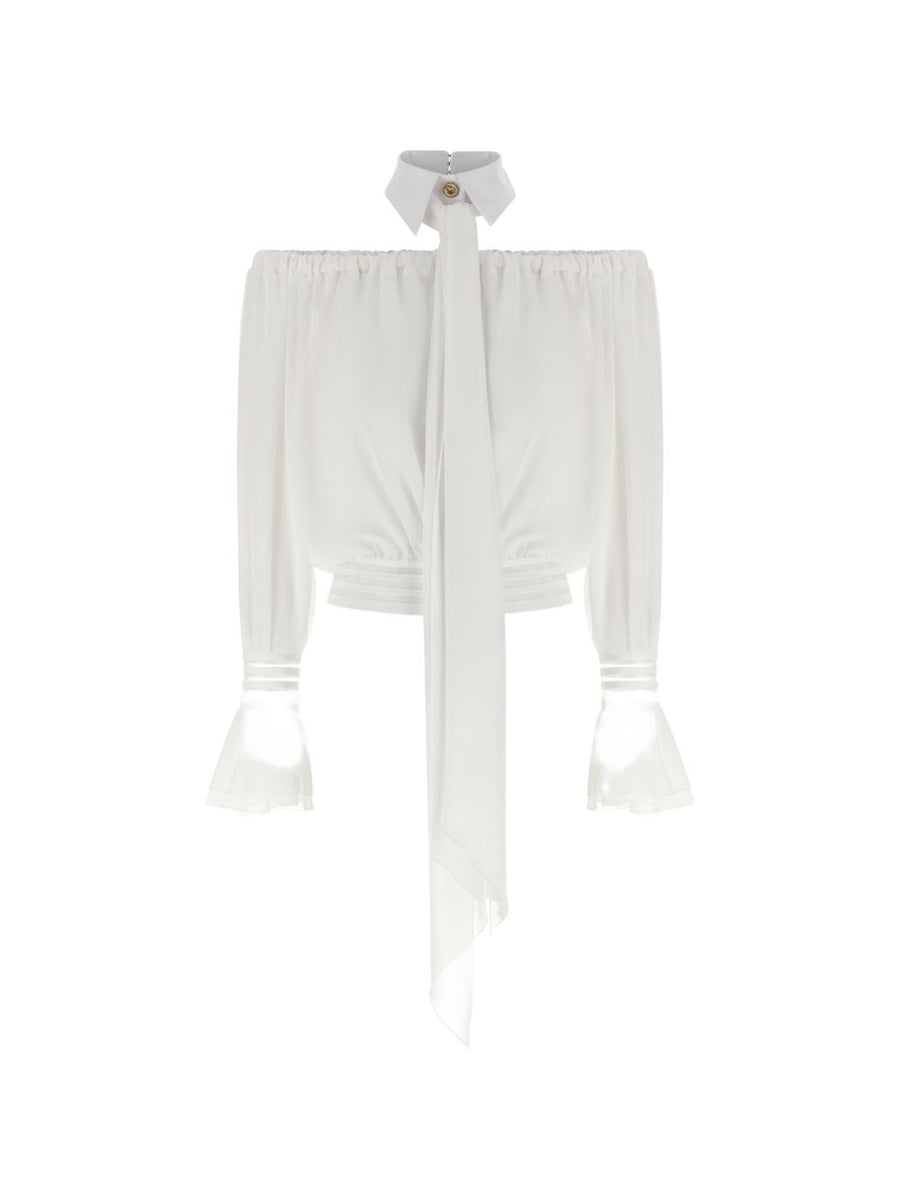 Elisabetta Franchi Off Shoulder Blouse Ivory Semisheer With Ruffled Sleeves For Women Chic Statement Top