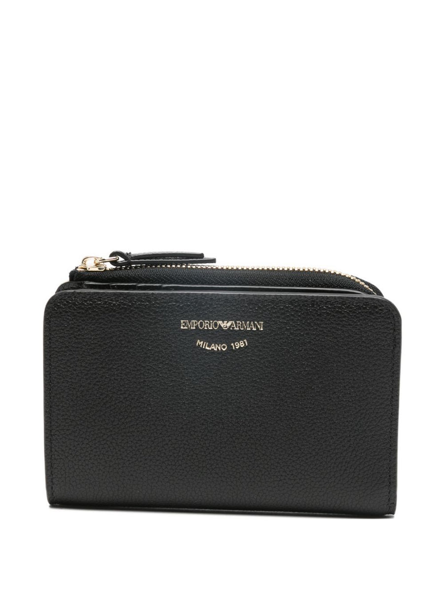 Emporio Armani Deer Print Leather Bifold Wallet For Women With Zip Closure Compact Card Organizer