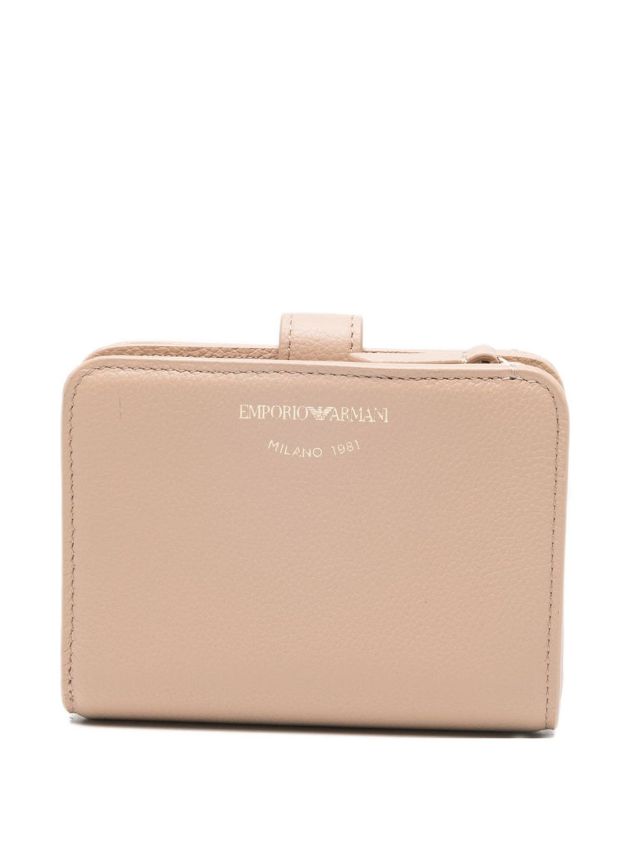 Emporio Armani Pink Tumbled Leather Bifold Wallet for Women With Flap Closure and Compact Card Slots