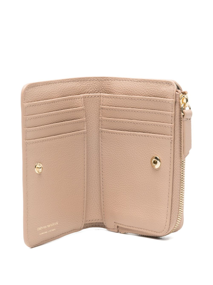 Emporio Armani Deer Print Leather Luxury Beige Bifold Wallet For Women With Card Slots And Note Compartment