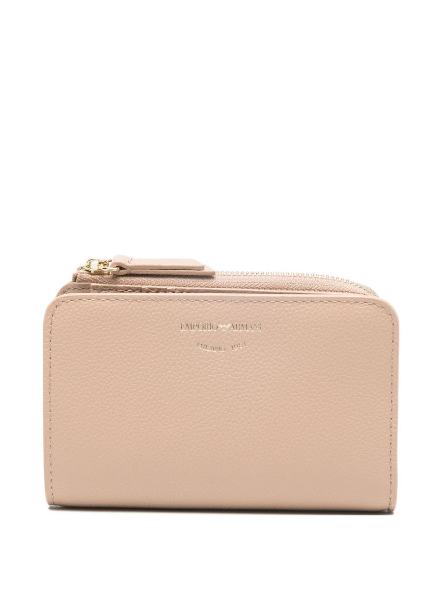 Emporio Armani Deer Print Leather Luxury Beige Bifold Wallet For Women With Card Slots And Note Compartment