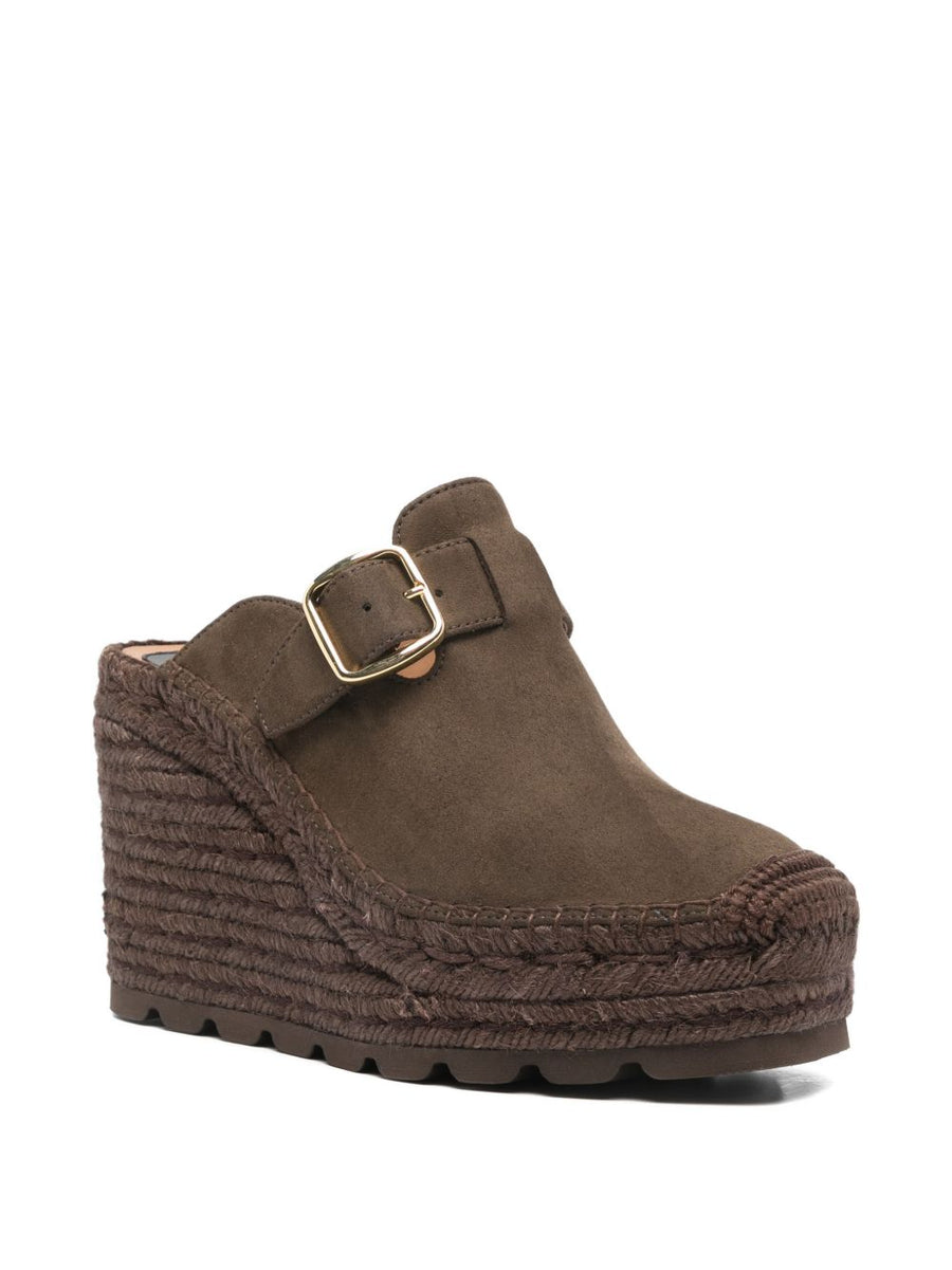 Stella McCartney Gaia Wedge Clogs Suede Brown With Gold Hardware For Women Comfort Elevation
