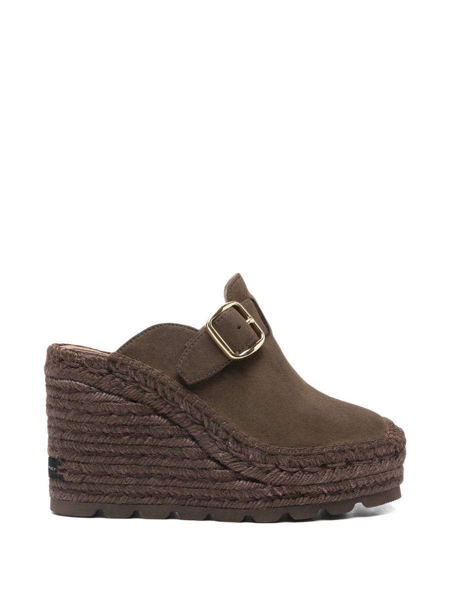 Stella McCartney Gaia Wedge Clogs Suede Brown With Gold Hardware For Women Comfort Elevation