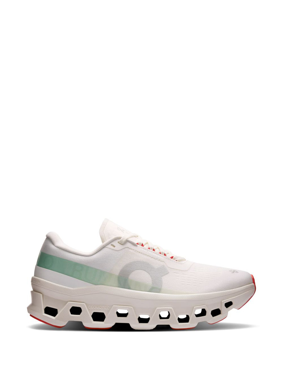 On Cloudmonster 1 Sneakers For Women Ivory Fabric Upper Platform Sole Comfort Logo Cutouts Lace Up