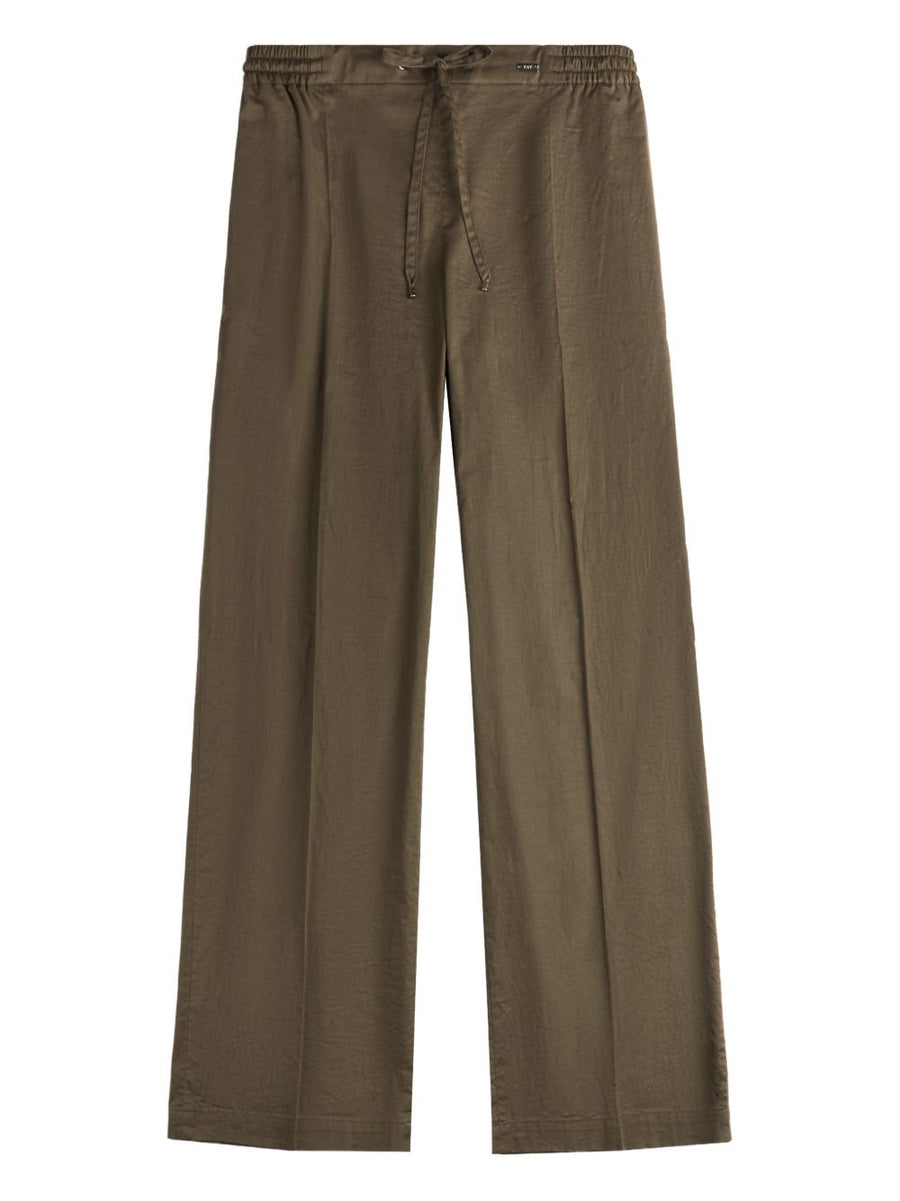 Fay Cotton Trousers For Women With Elastic Waist, Subtle Stretch, Side Pockets, Versatile Khaki Blend