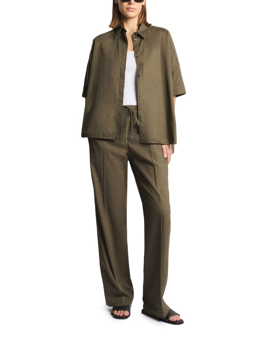 Fay Cotton Trousers For Women With Elastic Waist, Subtle Stretch, Side Pockets, Versatile Khaki Blend