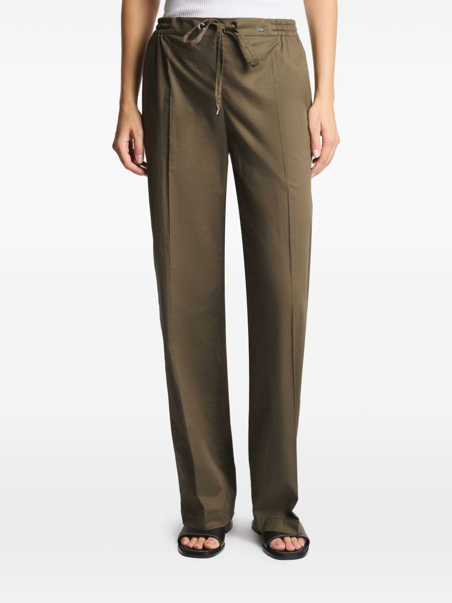 Fay Cotton Trousers For Women With Elastic Waist, Subtle Stretch, Side Pockets, Versatile Khaki Blend