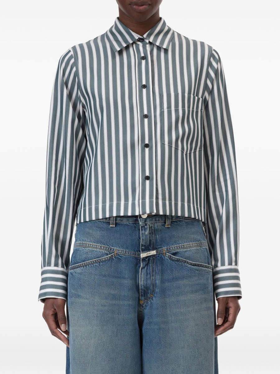 Closed Cropped Shirt Green Striped For Women Versatile Modern Silhouette Spring Summer Top