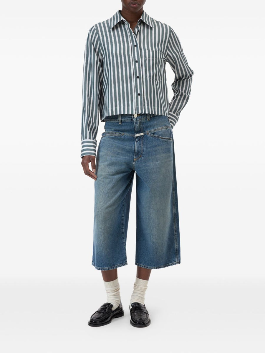 Closed Cropped Shirt Green Striped For Women Versatile Modern Silhouette Spring Summer Top