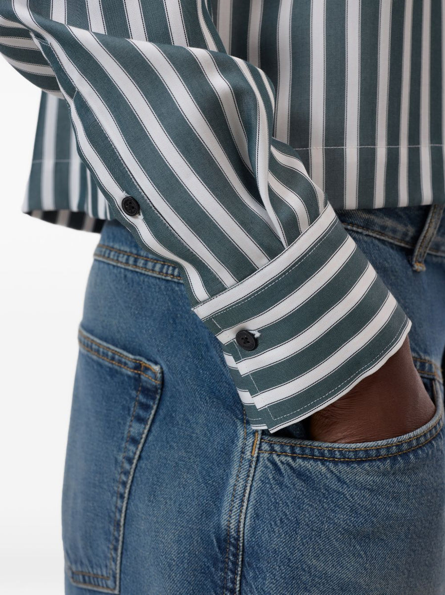 Closed Cropped Shirt Green Striped For Women Versatile Modern Silhouette Spring Summer Top