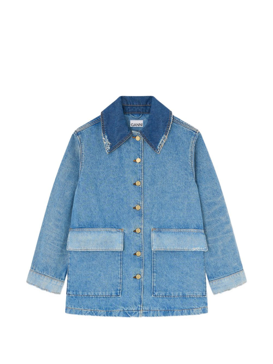 Ganni Navy Patchwork Denim Jacket For Women Sustainable Organic Cotton Blend Fashion Outerwear