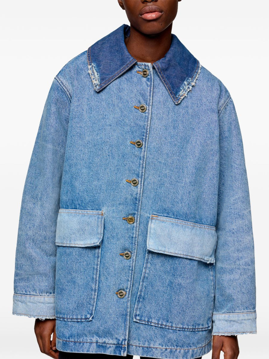 Ganni Navy Patchwork Denim Jacket For Women Sustainable Organic Cotton Blend Fashion Outerwear