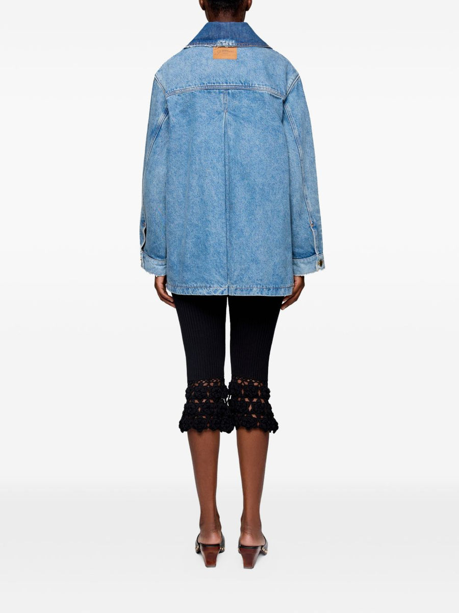 Ganni Navy Patchwork Denim Jacket For Women Sustainable Organic Cotton Blend Fashion Outerwear