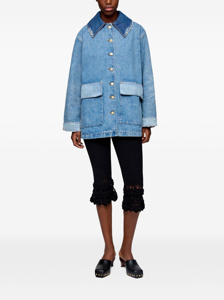 Ganni Navy Patchwork Denim Jacket For Women Sustainable Organic Cotton Blend Fashion Outerwear