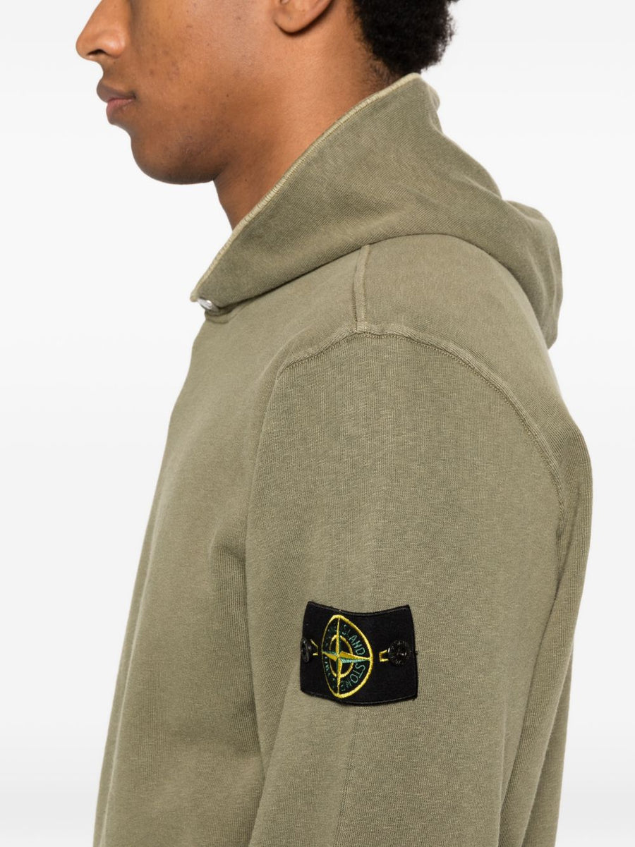 Stone Island Iconic Logo Cotton Hoodie For Men Army Green With Detachable Compass Badge
