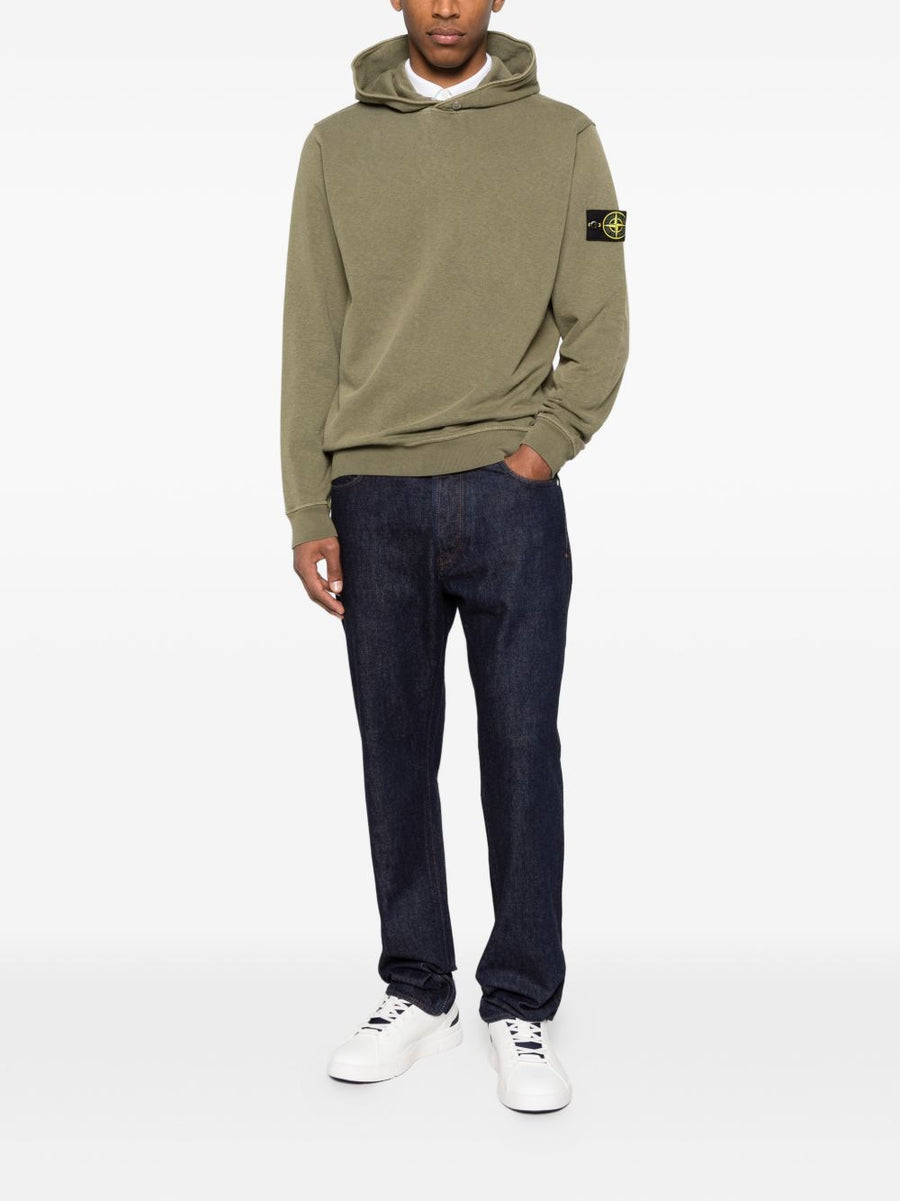 Stone Island Iconic Logo Cotton Hoodie For Men Army Green With Detachable Compass Badge