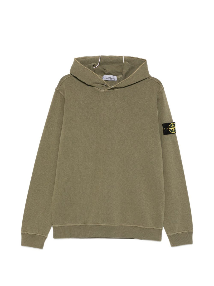 Stone Island Iconic Logo Cotton Hoodie For Men Army Green With Detachable Compass Badge
