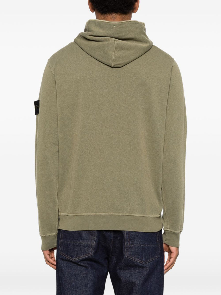 Stone Island Iconic Logo Cotton Hoodie For Men Army Green With Detachable Compass Badge