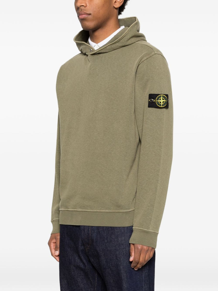 Stone Island Iconic Logo Cotton Hoodie For Men Army Green With Detachable Compass Badge