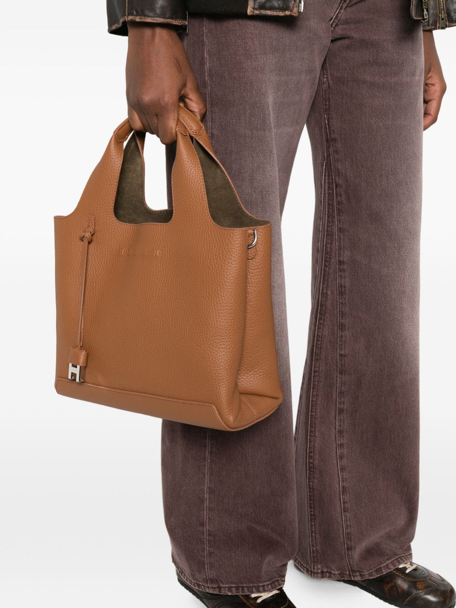 Hogan Shopping Bag Luxury Calf Leather For Women City Professionals Textured Brown Leather With Internal Zip Pocket