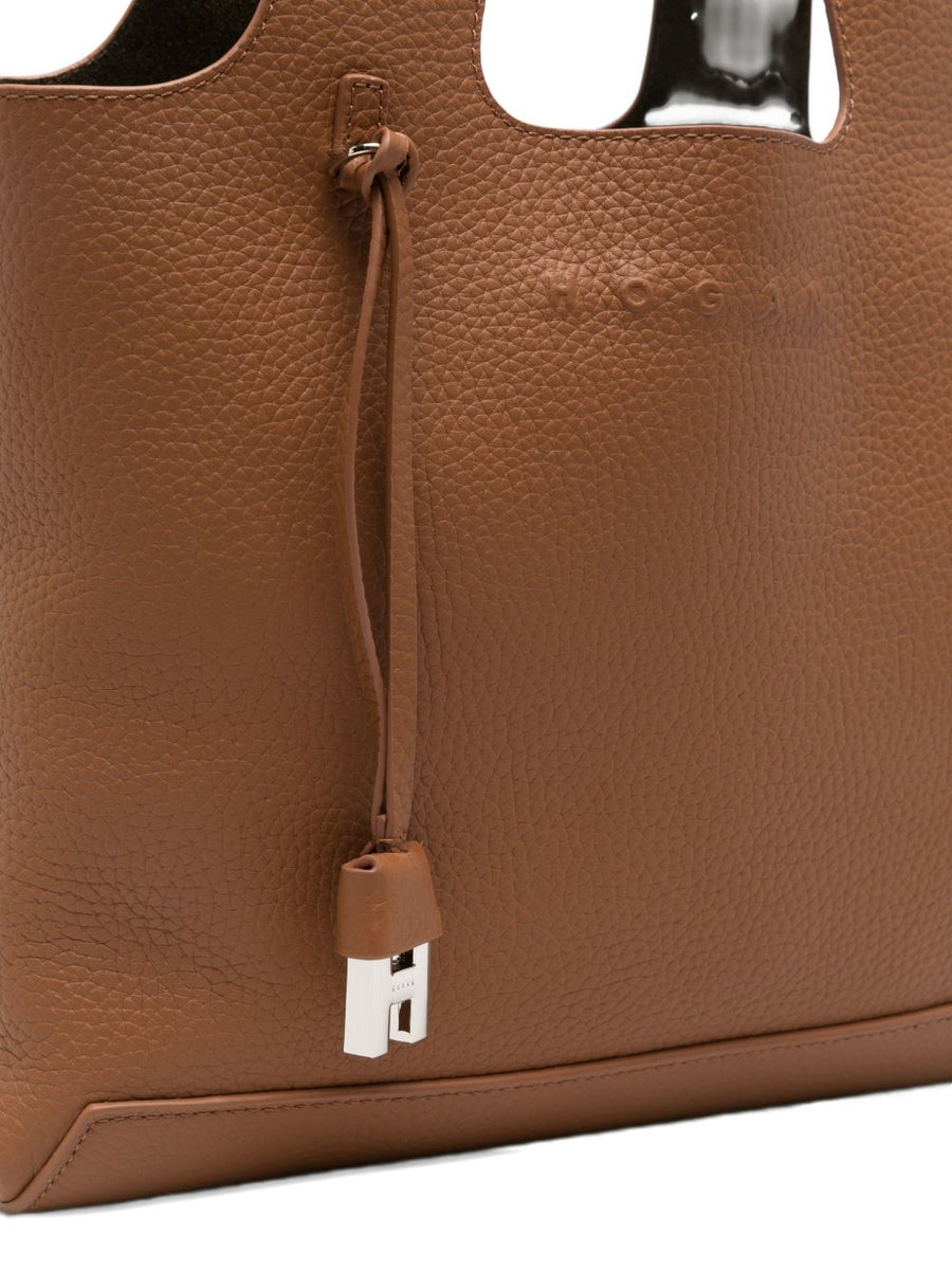 Hogan Shopping Bag Luxury Calf Leather For Women City Professionals Textured Brown Leather With Internal Zip Pocket