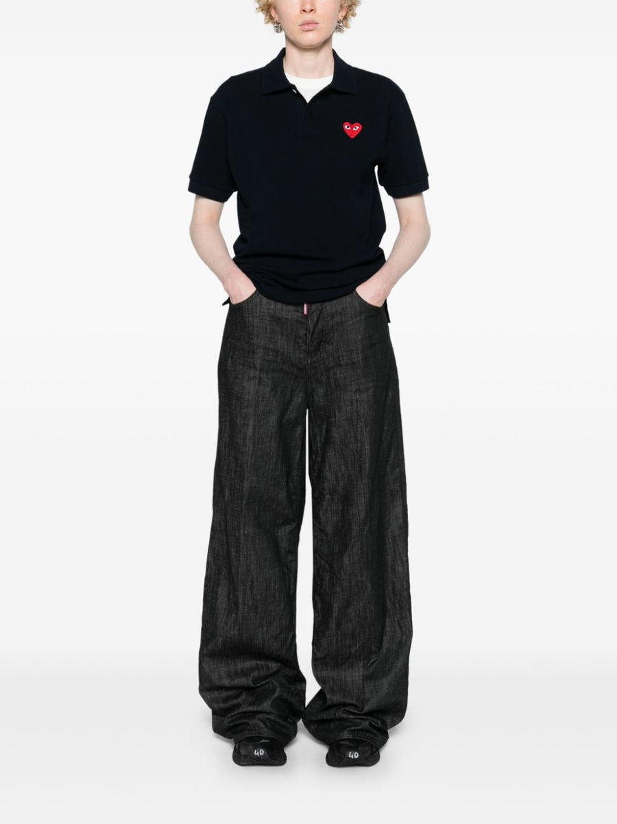 Comme Des Garçons Cotton Polo Shirt Navy With Heart Patch Unisex Sizing 100 Percent Cotton