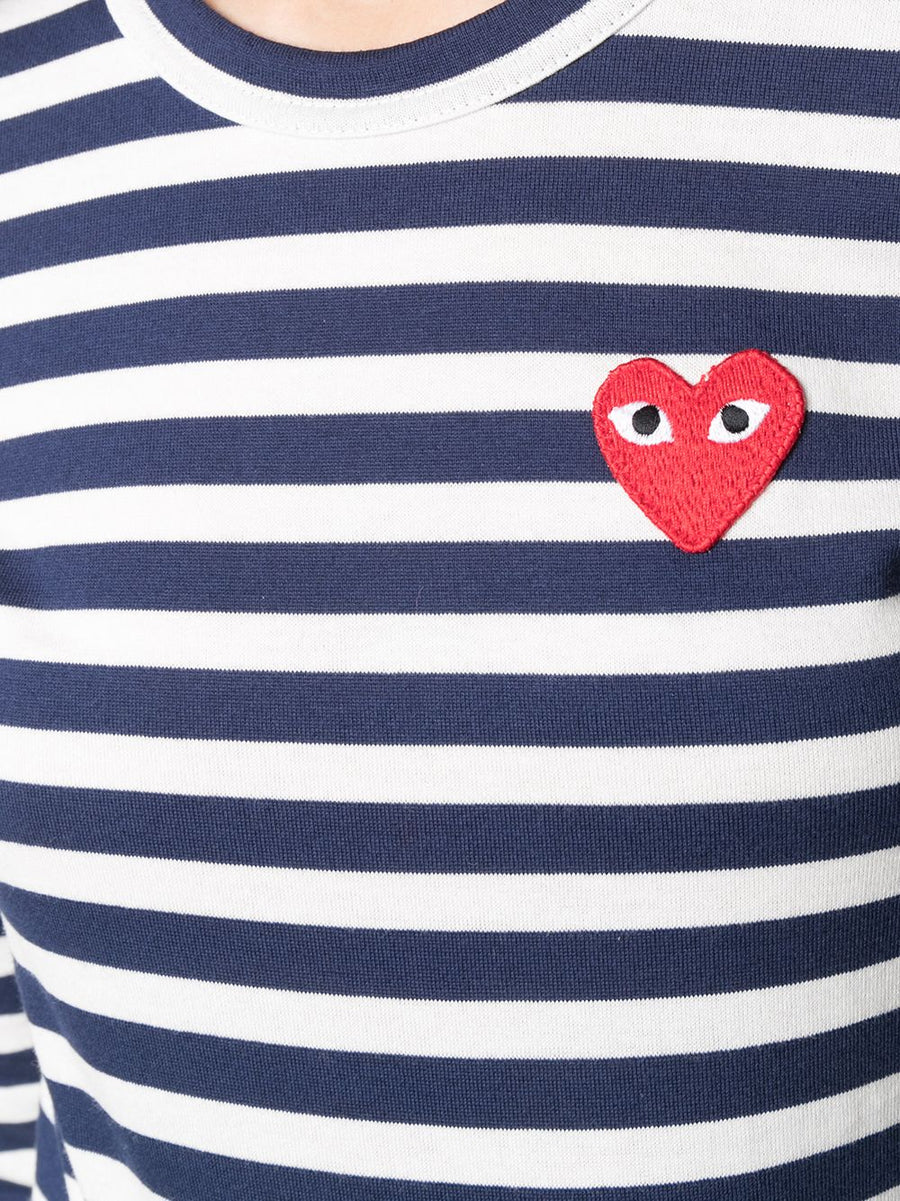 Comme Des Garcons Striped Cotton T Shirt Unisex Navy With Subtle Applique Logo For Everyday Wear