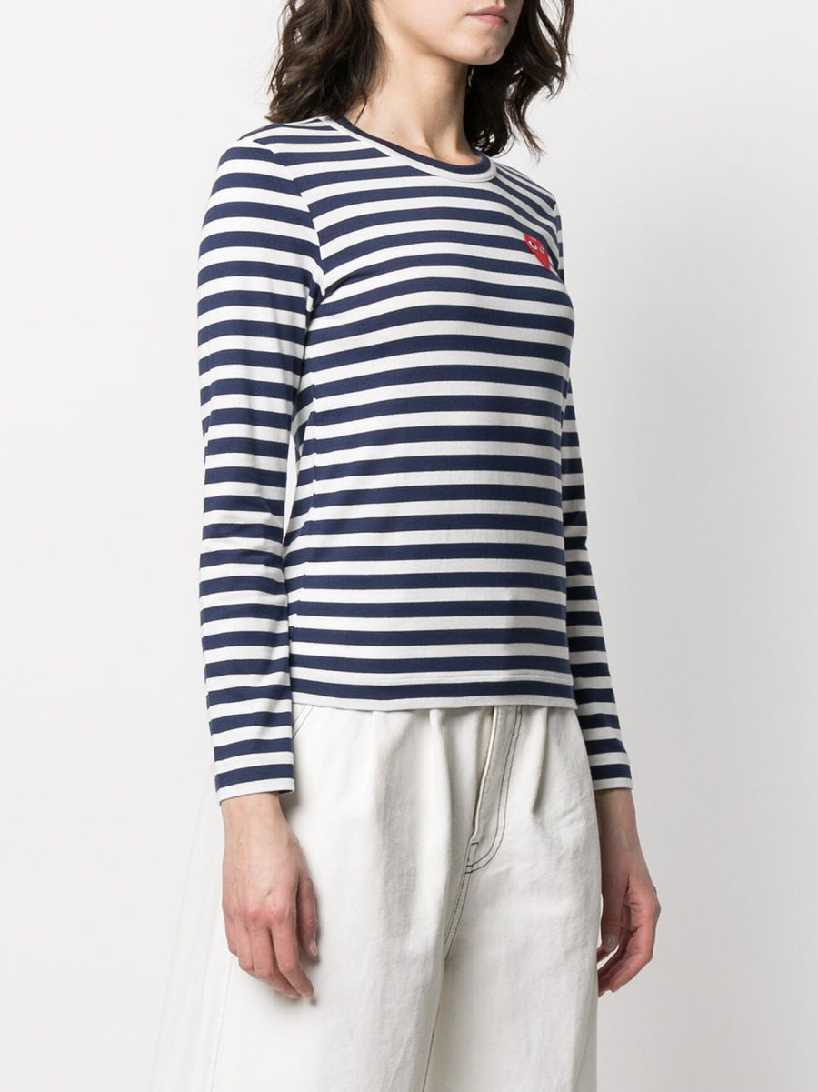 Comme Des Garcons Striped Cotton T Shirt Unisex Navy With Subtle Applique Logo For Everyday Wear