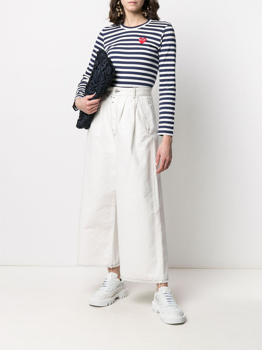 Comme Des Garcons Striped Cotton T Shirt Unisex Navy With Subtle Applique Logo For Everyday Wear